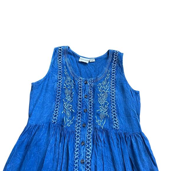 raya sun Women's Rayon Blend Sundress Blue Embroidered Button Front Size M - Picture 3 of 7